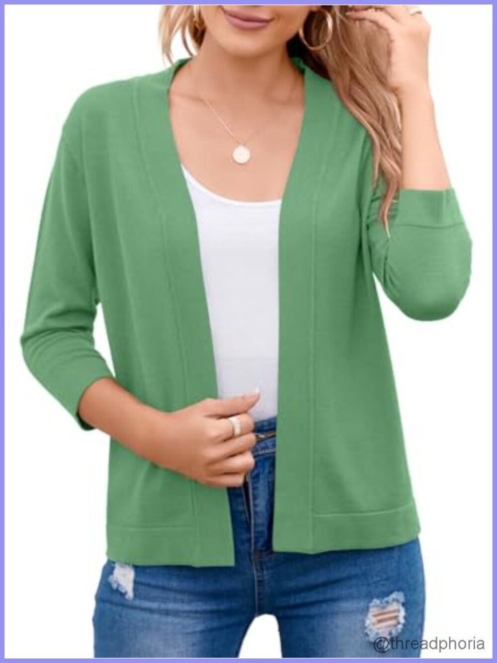 Open Front Cropped Cardigan 3/4 Sleeve Shrug Sweater